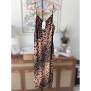 NWT Good American Leopard Slip Satin V-Neck Slit Midi Dress Brown Womens Size 2